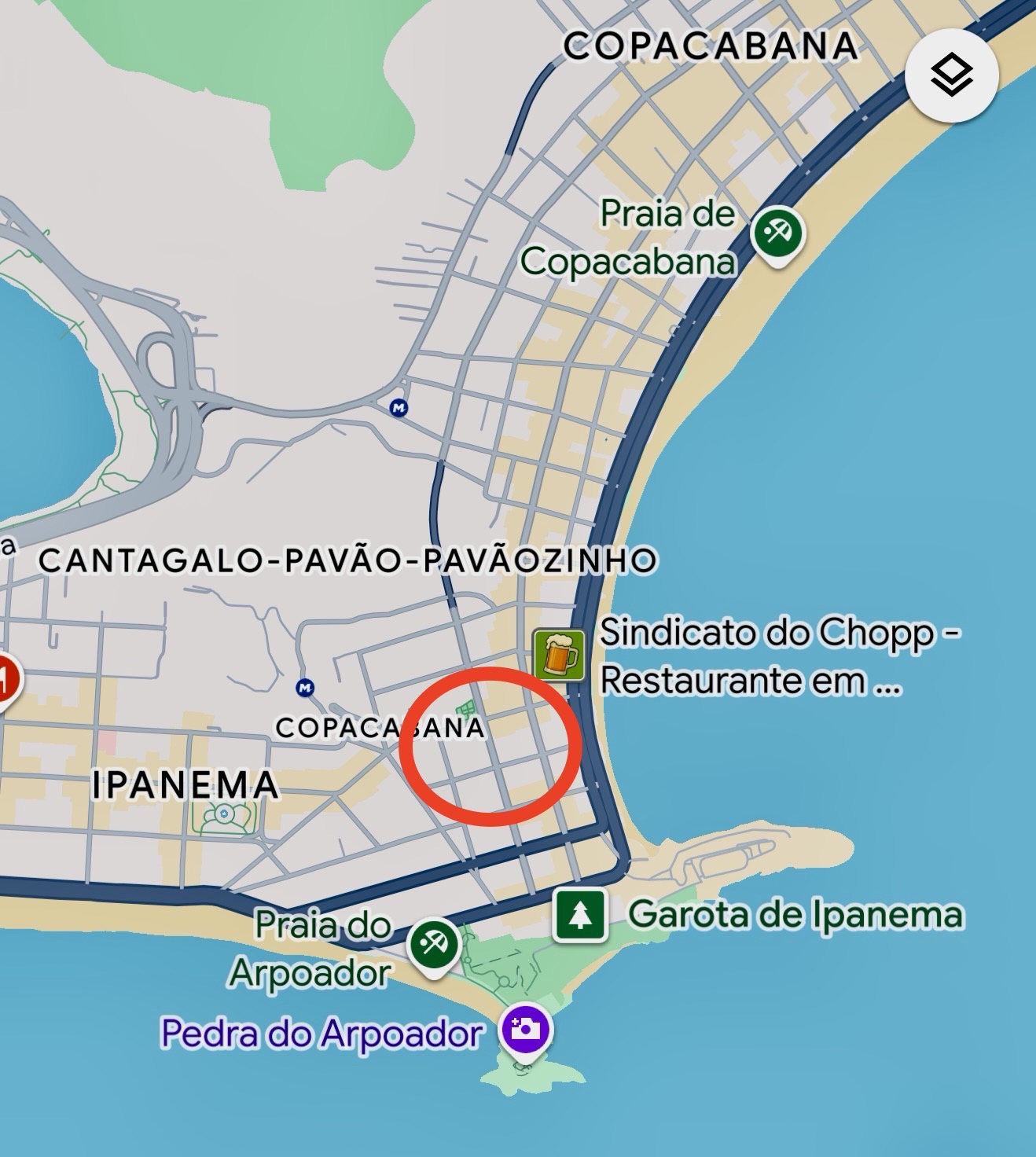 Map showing the approximate area of Copa Atelier in the Copacabana neighborhood